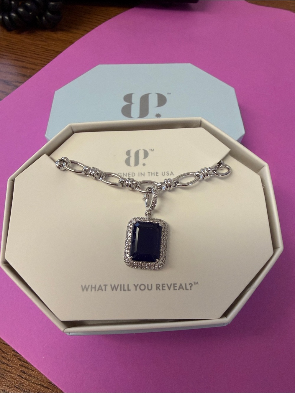 Bomb Party Silver Chain Necklace with Deep Blue Emerald-Cut Pendant